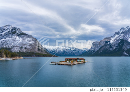 Lake Minnewanka cruise ticket office in early winter. Banff National Park, Canadian Rockies, Alberta, Canada. Lake Minnewanka cruise ticket office in early winter. Banff National Park, Canadian Rockies, Alberta, Canada. 115331549