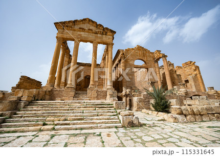Remains of three temples in forum on Capitoline Hill of Sufetula 115331645