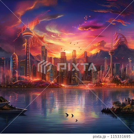 Futuristic Vancouver skyline at sunset with illuminated skyscrapers and a soaring dragon made of light and fire Futuristic Vancouver skyline at sunset with illuminated skyscrapers and a soaring dragon made of light and fire 115331695