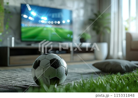 Football or Soccer Tournament concept. A football in living room with TV open Live match Football or Soccer Tournament concept. A football in living room with TV open Live match 115331848