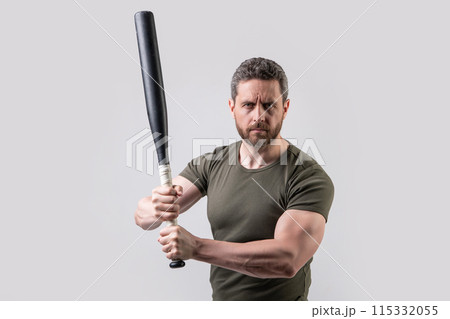 aggression of man hold bat in studio. photo of man with aggression. man with aggression aggression of man hold bat in studio. photo of man with aggression. man with aggression 115332055