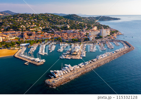 View from drone of Sainte-Maxime townscape on Mediterranean coast with port View from drone of Sainte-Maxime townscape on Mediterranean coast with port 115332128