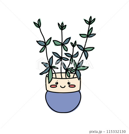Funny kawaii Pilea Silver flower in pot with face. Color drawing icon of cute cartoon plant. Hand drawn simple vector illustration Funny kawaii Pilea Silver flower in pot with face. Color drawing icon of cute cartoon plant. Hand drawn simple vector illustration 115332130