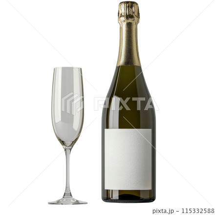 Champagne Bottle and Flute on White Background 115332588