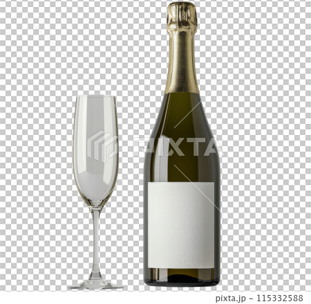 Champagne Bottle and Flute on White Background 115332588