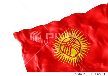 Realistic flag of Kyrgyzstan with folds, isolated on white background. Footer, corner design element. Cut out. Perfect for patriotic themes or national event promotions. Empty, copy space. 3D render. 115332781