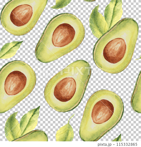 Watercolor Seamless Pattern of ripe avocado halves and leaves on a white background. Can be used for kitchen textile prints, product packaging design. Watercolor Seamless Pattern of ripe avocado halves and leaves on a white background. Can be used for kitchen textile prints, product packaging design. 115332865