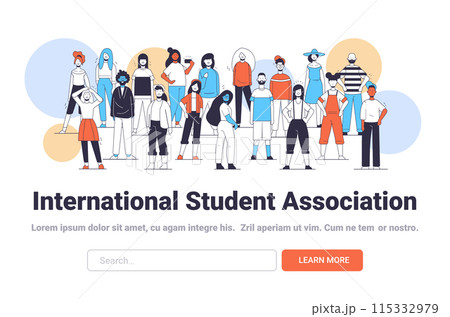 Diverse group of international students standing together with colorful abstract shapes in the background 115332979