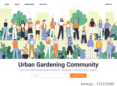 Diverse group of people standing in an urban garden setting with plants and cityscape background. Community gardening and teamwork theme 115332980