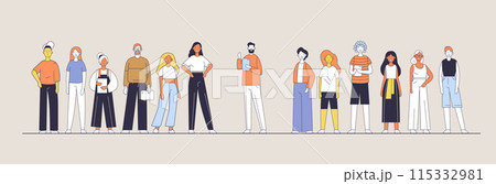 Diverse group of people standing in a row various outfits and poses minimalistic flat design style 115332981