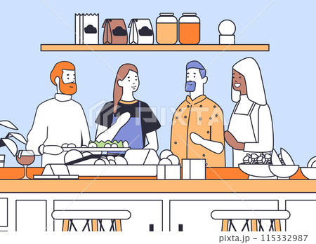 Group of people cooking together in a kitchen surrounded by ingredients utensils and pantry items on shelves 115332987