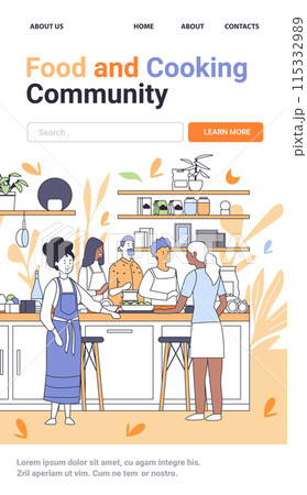 Cooking class with diverse people preparing food in a modern kitchen surrounded by shelves with plants jars and kitchen utensils Cooking class with diverse people preparing food in a modern kitchen surrounded by shelves with plants jars and kitchen utensils 115332989
