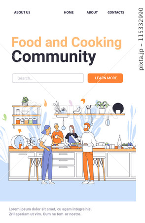 Cooking class scene with diverse group preparing food in modern kitchen surrounded by shelves with plants and utensils. Community kitchen concept Cooking class scene with diverse group preparing food in modern kitchen surrounded by shelves with plants and utensils. Community kitchen concept 115332990