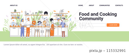 Cooking class illustration with diverse people preparing food in a modern kitchen surrounded by plants and kitchen utensils 115332991