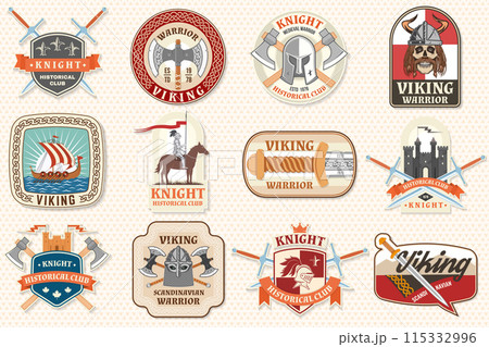 Set of viking warrior and knight historical club logos, badges, stickers. Vector. Patch design heraldic shield with a knight, viking in helmet with crossed battle axe, sword and nordic ship Set of viking warrior and knight historical club logos, badges, stickers. Vector. Patch design heraldic shield with a knight, viking in helmet with crossed battle axe, sword and nordic ship 115332996