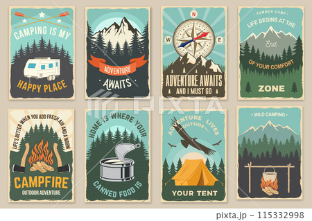 Set of Summer camp quotes patches. Vector. Design with rv trailer, camping tent, forest, bear, deer, mountains, axe and campfire. Set of Summer camp quotes patches. Vector. Design with rv trailer, camping tent, forest, bear, deer, mountains, axe and campfire. 115332998