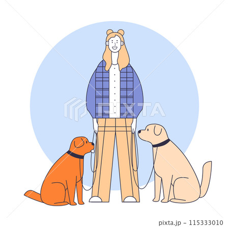 Person walking two dogs standing in front of a blue circle background. The person is wearing casual clothes and the dogs are sitting on either side 115333010