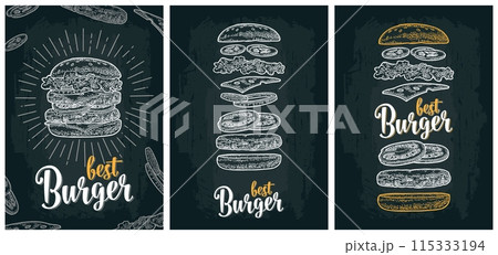 Burger with flying ingredients on white background. Vector monochrome vintage engraving Burger with flying ingredients on white background. Vector monochrome vintage engraving 115333194