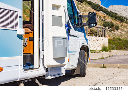Camper door with trash can. 115333354