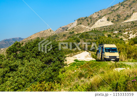 Rv camper camping on nature, Spain. 115333359