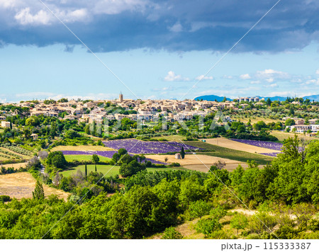 Hilltop Puimoisson village, Provence France 115333387