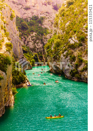 Boats on water, Verdon Gorge in Provence France. Boats on water, Verdon Gorge in Provence France. 115333421