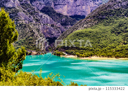 Boats on water, Verdon Gorge in Provence France. Boats on water, Verdon Gorge in Provence France. 115333422