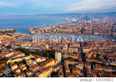 Aerial view of coastal area of Marseille overlooking Old Port 115333621