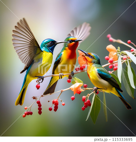 Olive-backed Sunbirds Feeding Their Young 115333695