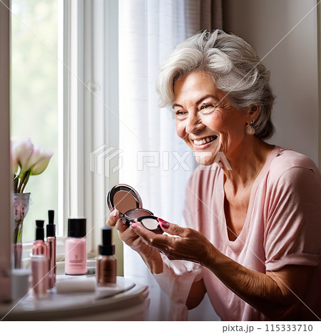 Graceful Transformation: Senior Woman's Close-Up in Front of the Bathroom Mirror 115333710