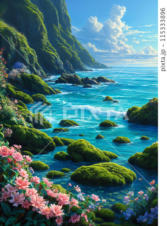 Beautiful landscape with ocean and mountains. 115333896