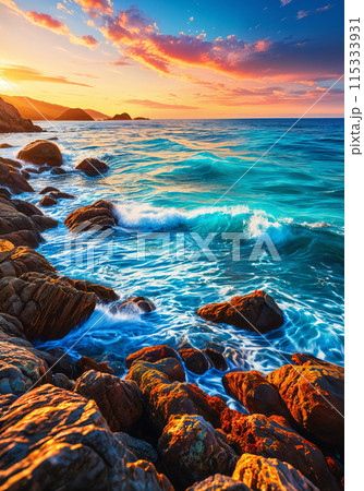 Sunset on rocky beach. Sunset on rocky beach. 115333931