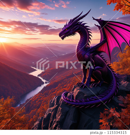 A purple dragon on a rocky outcrop. A purple dragon on a rocky outcrop. 115334315
