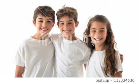 A portrait of three children, two boys and one girl, wearing white t-shirts and smiling at camera. A portrait of three children, two boys and one girl, wearing white t-shirts and smiling at camera. 115334530