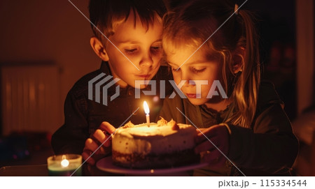 A young boy and girl are shown in a dimly lit room, blowing out a single candle  115334544