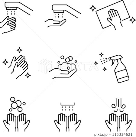 モノクロの手と衛生に関する線画アイコンセット 115334621