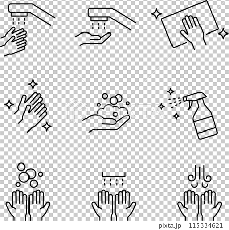 Monochrome hand and hygiene line icon set Monochrome hand and hygiene line icon set 115334621