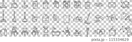 Monochrome cleanliness and cleaning line icon set 115334629
