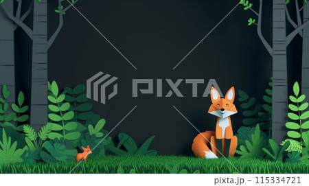 papercraft fox and its cub stand amidst lush greenery in a papercraft forest setting. The foxes are surrounded by vibrant foliage and towering trees. 115334721
