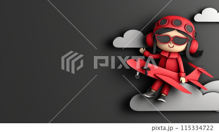 cartoon girl in a red jumpsuit flies a paper airplane through the clouds. This colorful image is rendered in a flat paper style and features a playful, whimsical mood. 115334722