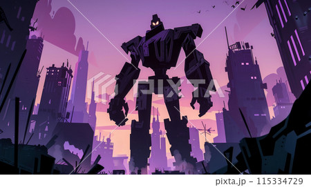 towering robot, made of paper, stands tall over a ruined city skyline at dusk. The robot is a flat design, casting a large shadow across the buildings below. 115334729