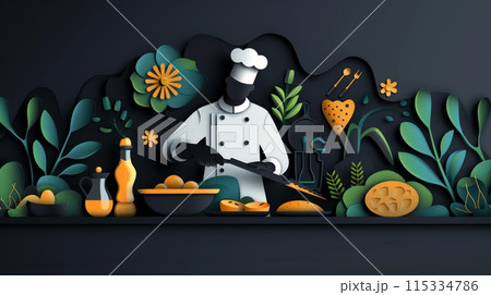 paper chef with a whimsical smile prepares a meal in a papercut scene, surrounded by lush greenery and colorful flowers. 115334786