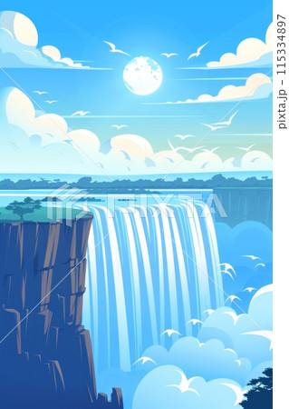 minimalist depiction of Niagara Falls on a sunny afternoon, with clouds floating in the sky. 115334897