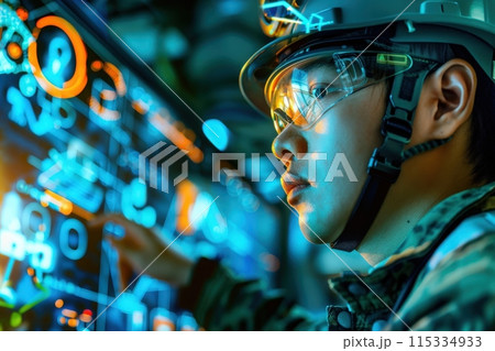 A futuristic maintenance engineer wearing safety goggles and a helmet intently examines a glowing digital interface. A futuristic maintenance engineer wearing safety goggles and a helmet intently examines a glowing digital interface. 115334933