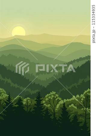 minimalist illustration of rolling hills and lush forests under a morning sunrise. The peaceful landscape is rendered in muted green and yellow tones. 115334935