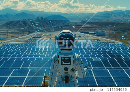 A futuristic maintenance engineer in a white spacesuit stands atop a massive solar panel array, inspecting its operation. 115334936