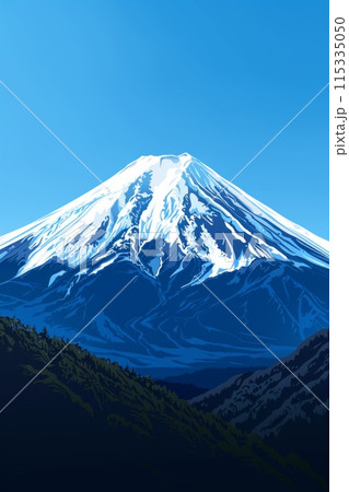minimalist depiction of Mount Fuji, showcasing the iconic peak and snowy slopes against a bright blue sky. 115335050