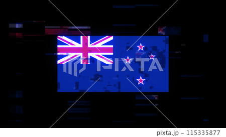 3D rendering flag New Zealand with screen effects of technological glitches 3D rendering flag New Zealand with screen effects of technological glitches 115335877