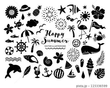 夏と海のレトロなモノクロのイラストセット 夏と海のレトロなモノクロのイラストセット 115336599