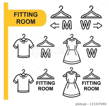Fitting changing room, male female dressing cabin, try clothing in store line icon set. Woman dress, man t-shirt hanging on clothes hanger. Buy fashion textile in shop. Boy, girl wardrobe sign vector 115337040